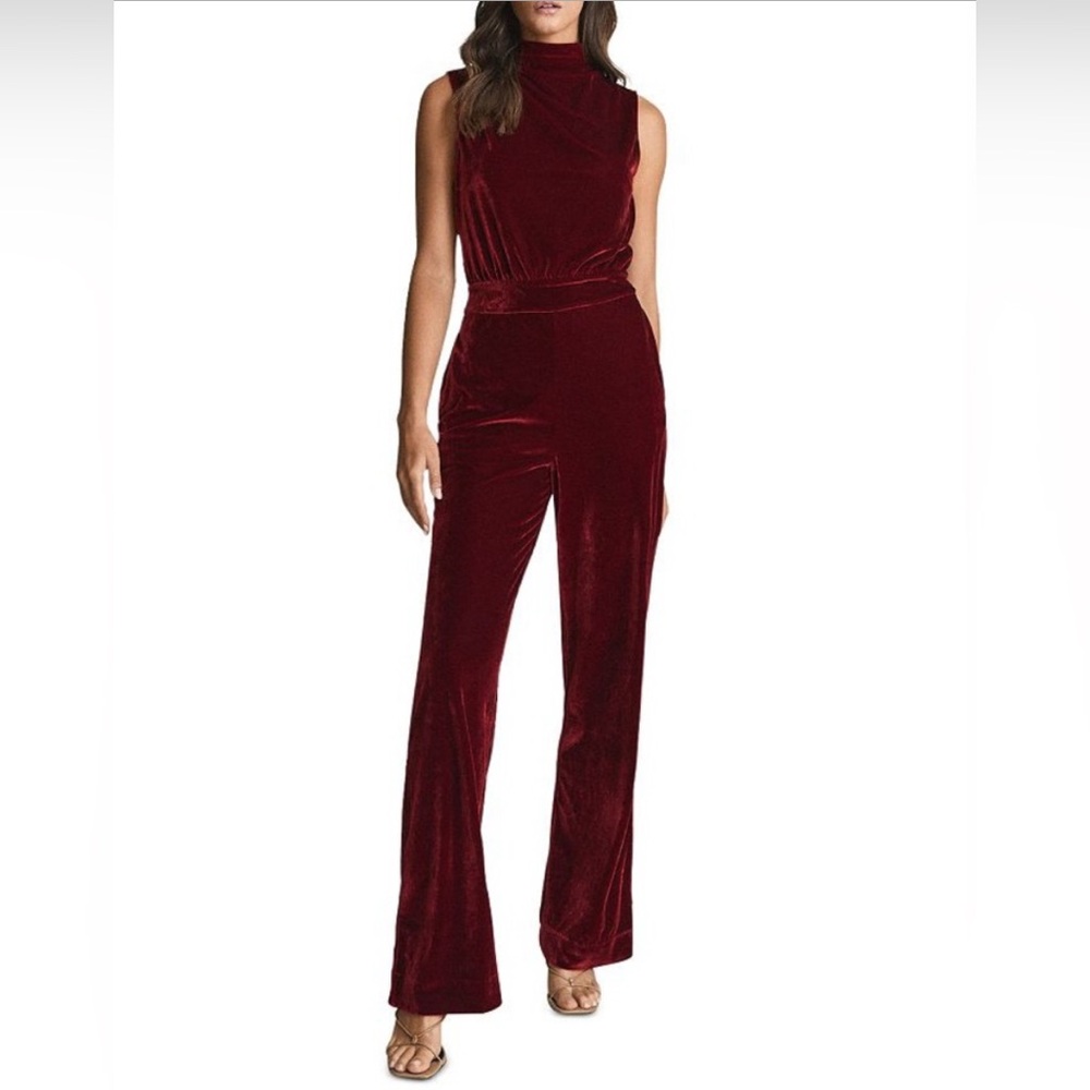 Burgundy velour jumpsuit from Reiss